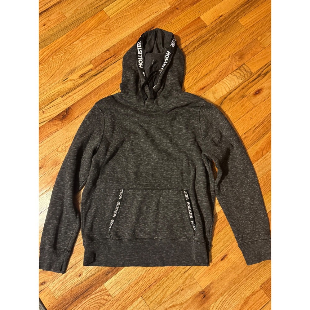 Hollister Mens Logo Tape Hoodie Charcoal Grey Heather Fleece Pullover Large